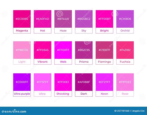 Magenta Color Palette Chart With Color Names And Hex Codes Stock Vector