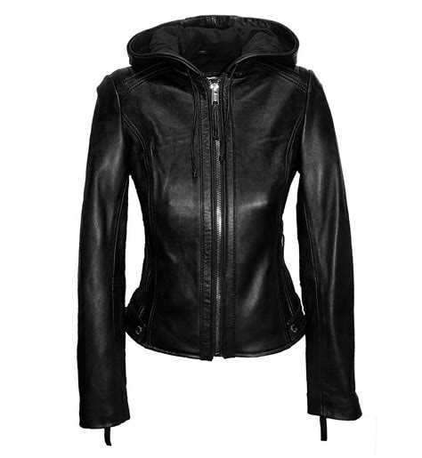 Womens Leather Jacket Black Hood Lambskin Jacket Coats Jackets