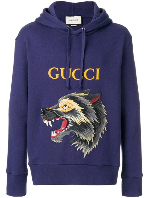 Lyst Gucci Wolf Motif Hoodie In Blue For Men