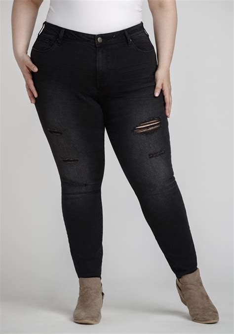 Women S Plus Size Black Distressed Skinny Jeans Warehouse One Size