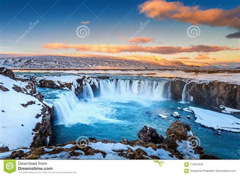 Godafoss Waterfall At Sunset In Winter Iceland Stock Photo Image Of