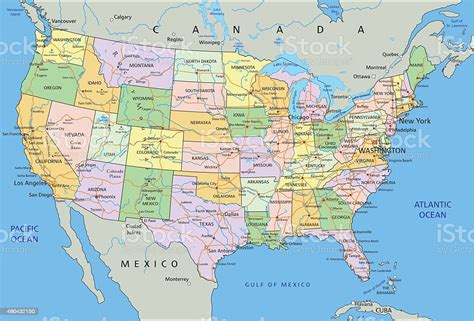 United States Of America Highly Detailed Editable Political Map Stock