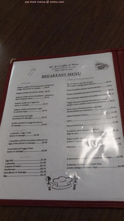 Please contact the pastor for sabbath service location information. Online Menu of Mr Bs Gourmet Coffee and Snack Food Restaurant, Beloit, Wisconsin, 53511 - Zmenu