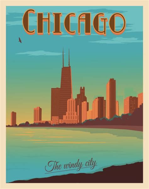 Chicago Illinois Skyline Vintage Style Travel Poster Travel Posters