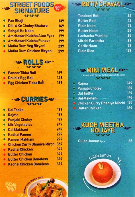 Menu Of Street Foods By Punjab Grill Mg Road Gurgaon Dineout