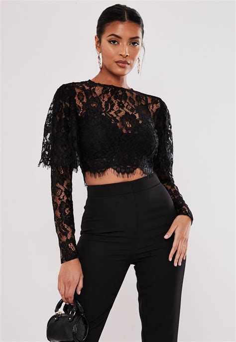 Black Lace Puff Sleeve Crop Top Missguided Black Lace Tops Trendy