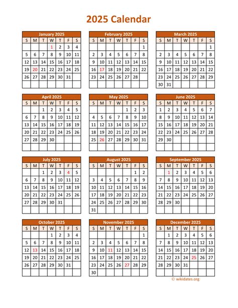 Full Year 2025 Calendar On One Page