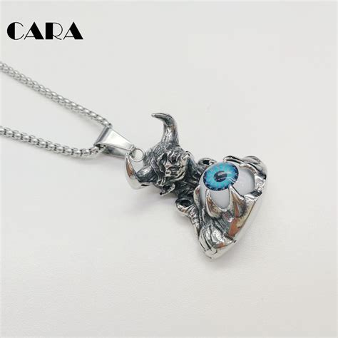 Cara New Blue Devil Eyeball Horned Beast Pendant Necklace Mens Gothetic