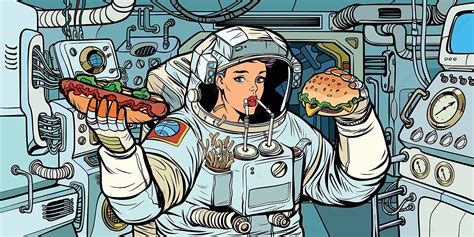 รูปนักบินอวกาศหญิงกินเนื้อบาร์บีคิวร้อนในยานอวกาศ เวกเตอร์ png เนื้อ ร้อน บารบีคิวภาพ png