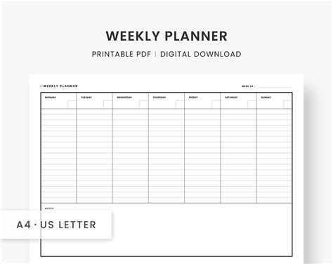 Minimal Weekly Planner Printable A4 Letter Size Horizontal Etsy