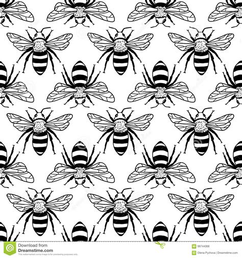 Vector Seamless Pattern With Bees Leaves And Flowers Black And Yellow