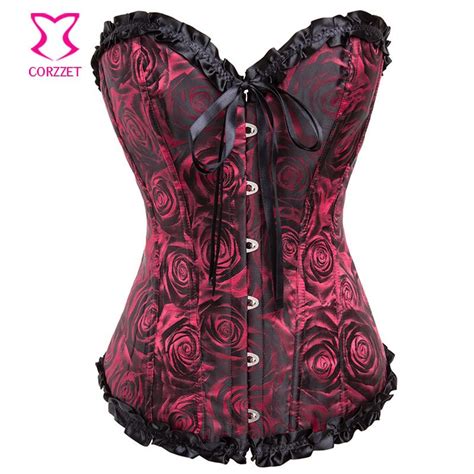 buy vintage rose floral embroidery gothic corset sexy overbust ruffle trim body
