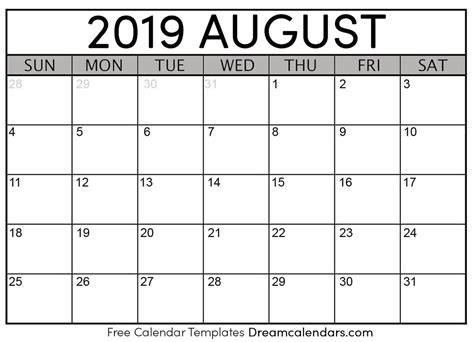 August 2019 Calendar Free Blank Printable With Holidays