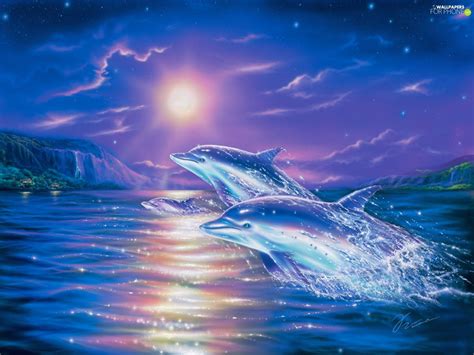 Three Water Moon Dolphins For Phone Wallpapers 1600x1200