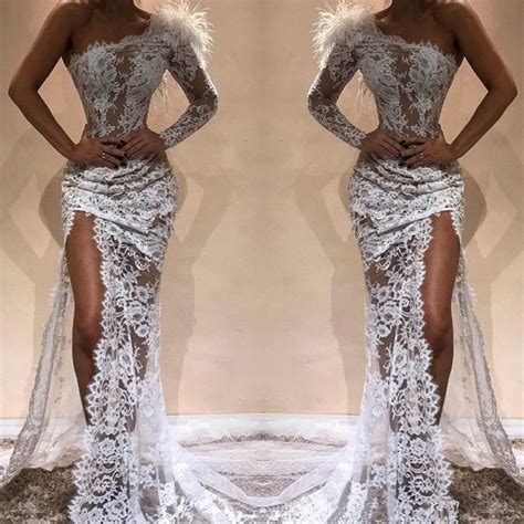 New Fashionable White Prom Dress Long Sexy High Slit One Sleeve Lace