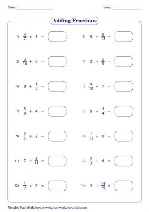 Addition Of Fractions With Whole Numbers Worksheets