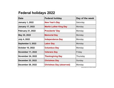 2022 Federal Holidays