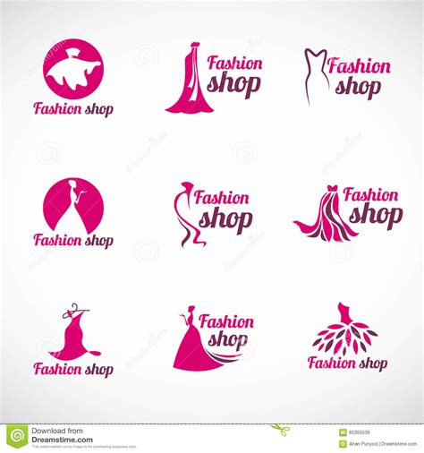 Pink Woman Dress Fashion Shop Logo Vector Set Design Stock