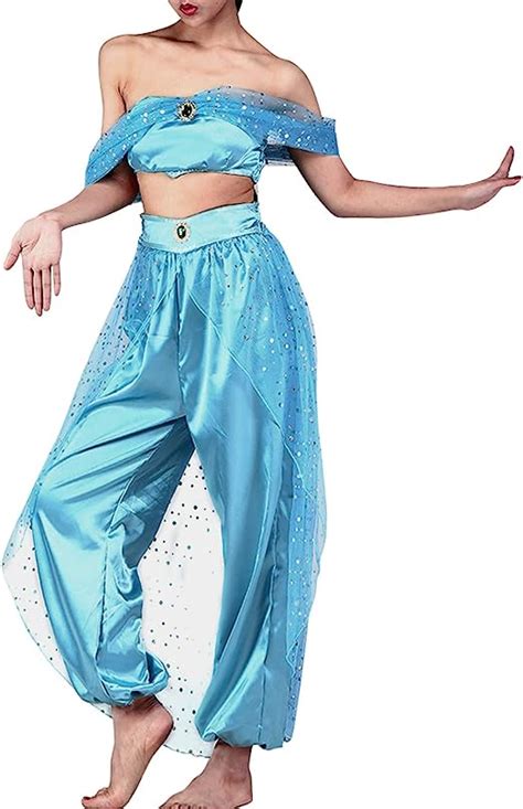 Quesera Womens Princess Jasmine Costume Set Aladdin Arabian Harem Pants Outfit Blue