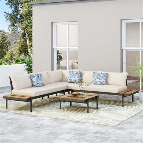 Theo Outdoor Acacia Wood 5 Seater Sectional Sofa Set With Water