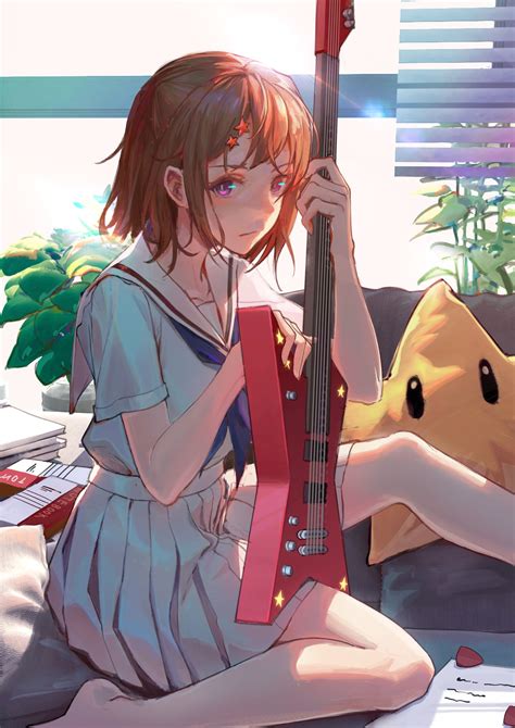 Short Hair Brunette Anime Anime Girls Sailor Uniform Guitar