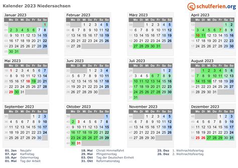 Kalender 2023 Ferien Niedersachsen Feiertage