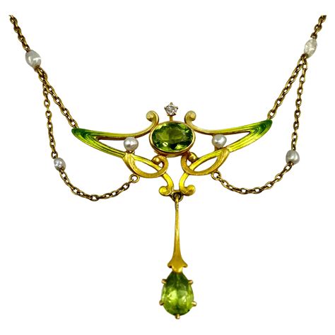 Art Nouveau Gold Peridot And Aquamarine Necklace At 1stdibs