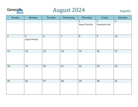 Anguilla August 2024 Calendar With Holidays