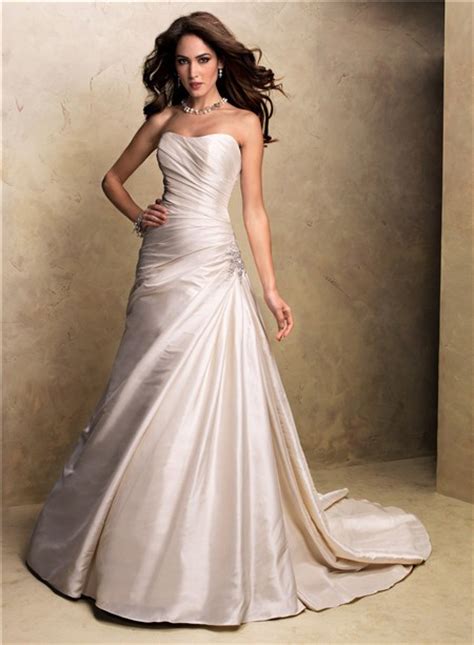 A Line Strapless Champagne Colored Satin Wedding Dress
