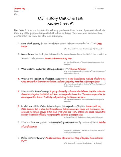 Us History Unit One Test Review Sheet 1 — Db