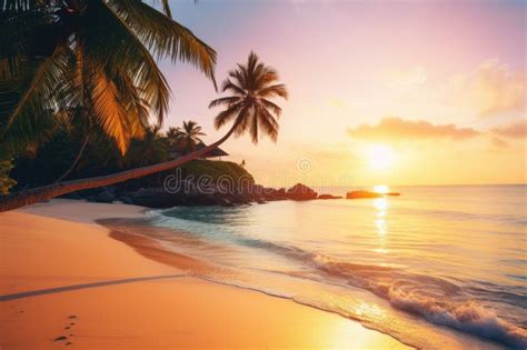 A Serene Beach With Crystal Clear Water Palm Trees And A Beautiful