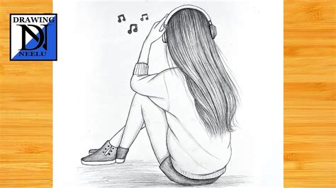 How To Draw Sitting Girl Listening Music Pencil Sketch For Beginner