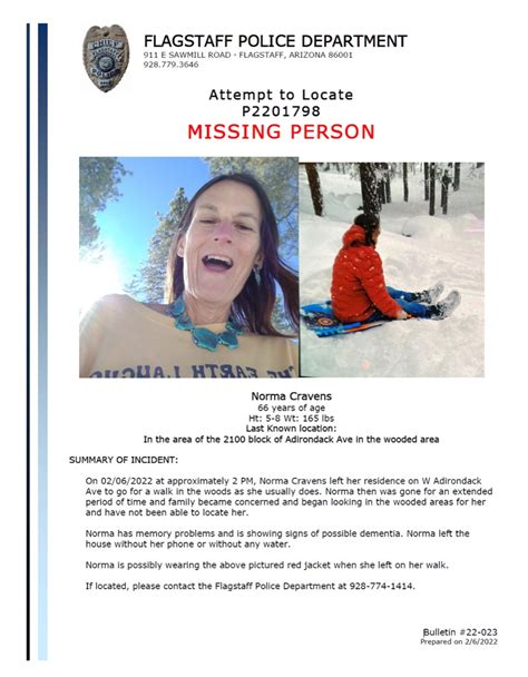 Flagstaff police seek public's help in locating missing person, Norma