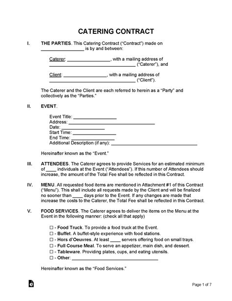 Free Catering Contract Template Sample Pdf Word Eforms