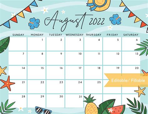 Editable August 2022 Calendar Cute Refreshing Beach Day Printable