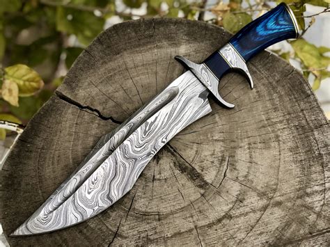 Damascus Steel Handmade Blue Horn Handle Bowie Knife