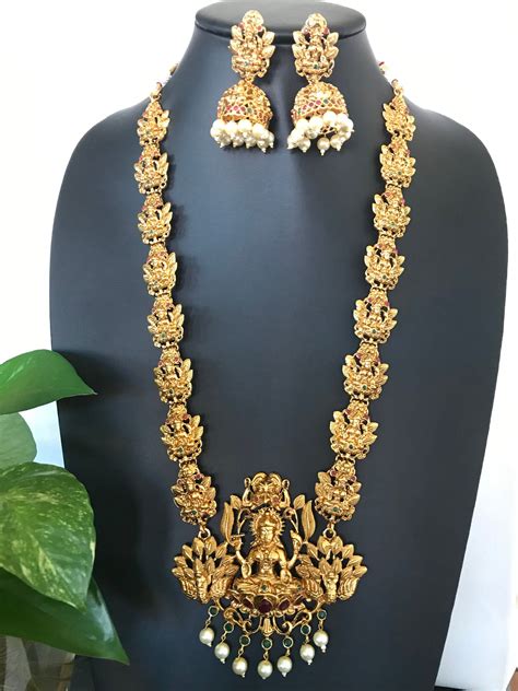gold finished lakshmi long haram goddess lakshmi set with etsy pearl jewelry necklace gold