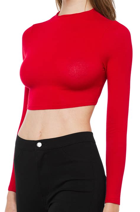 Lyst Akira Mock Neck Long Sleeve Crop Top Red In Red