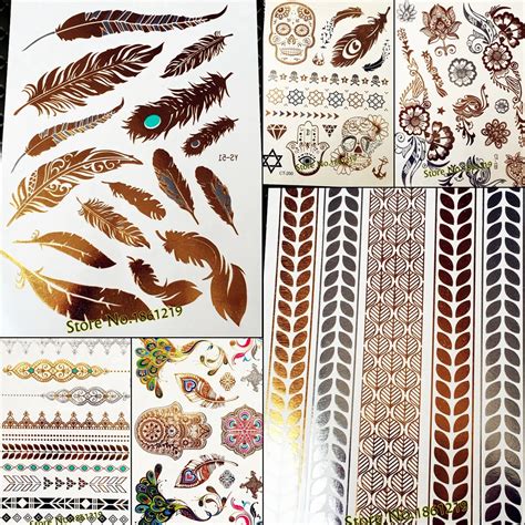 25 design gold flash metallic temporary tattoo stickers girl peacock feather silver leaf