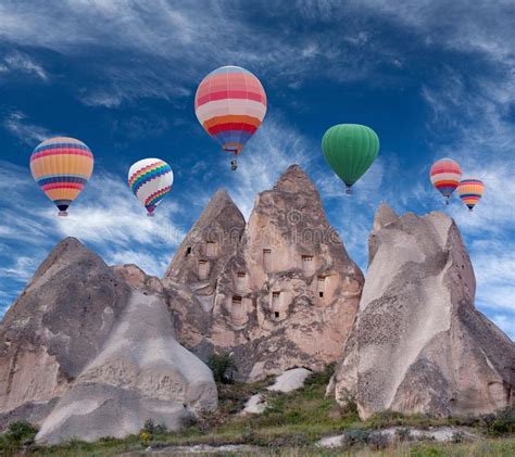 Colorful Hot Air Balloons Flying Over Cappadocia Turkey Stock Image
