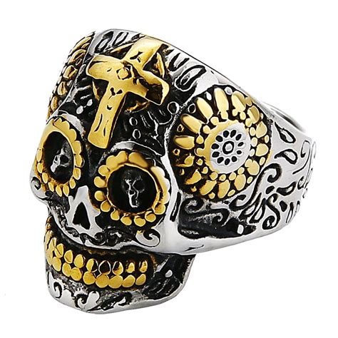 Mens Punk Vintage Skull Cross Ring Stainless Steel Gothic Gold Carving