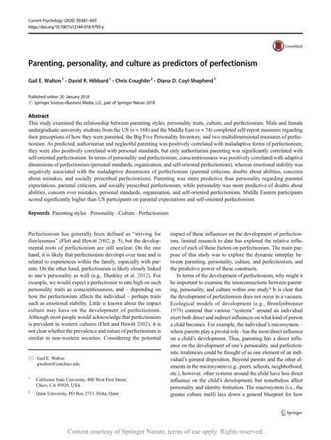 Parenting Personality And Culture As Predictors Of Perfectionism