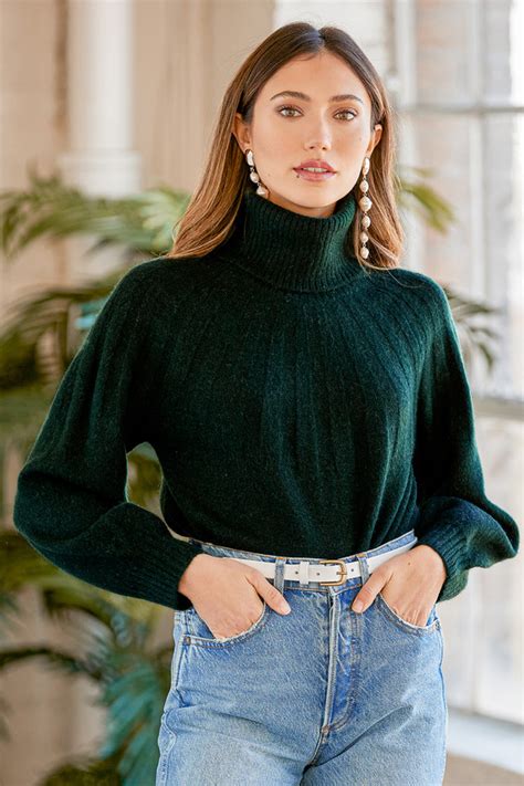 Dark Green Sweater Turtleneck Sweater Balloon Sleeve Sweater Lulus