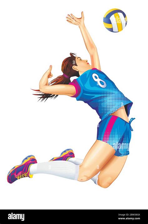 female professional volleyball player jump isolated on white detailed illustration team sports