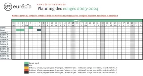 Planning Congés Modèle Excel 2024 Gratuit à Télécharger Eurécia