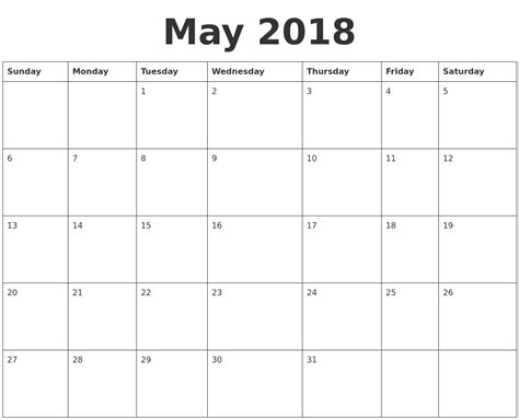 May 2018 Blank Calendar Template