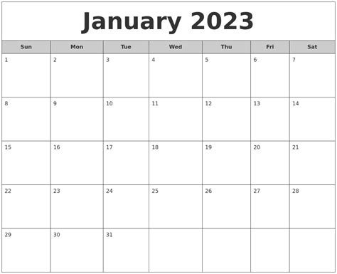 January 2023 Free Monthly Calendar