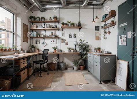 Industrial Study Room With Metal Wardrobe Rack And Desk Stock