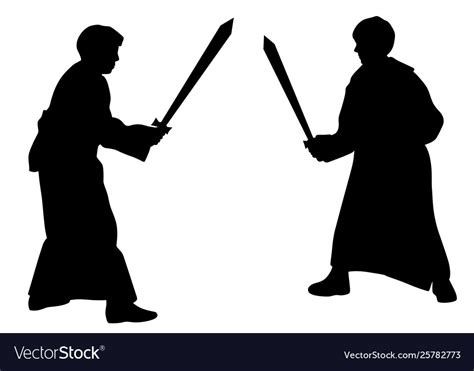 Two Kids Sword Fighting Duel In Medieval Costumes Vector Image