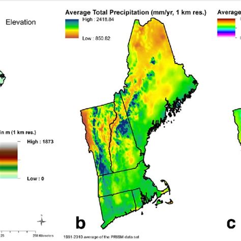 New England Topography And Climate A Elevation B 30 Years Mean Of